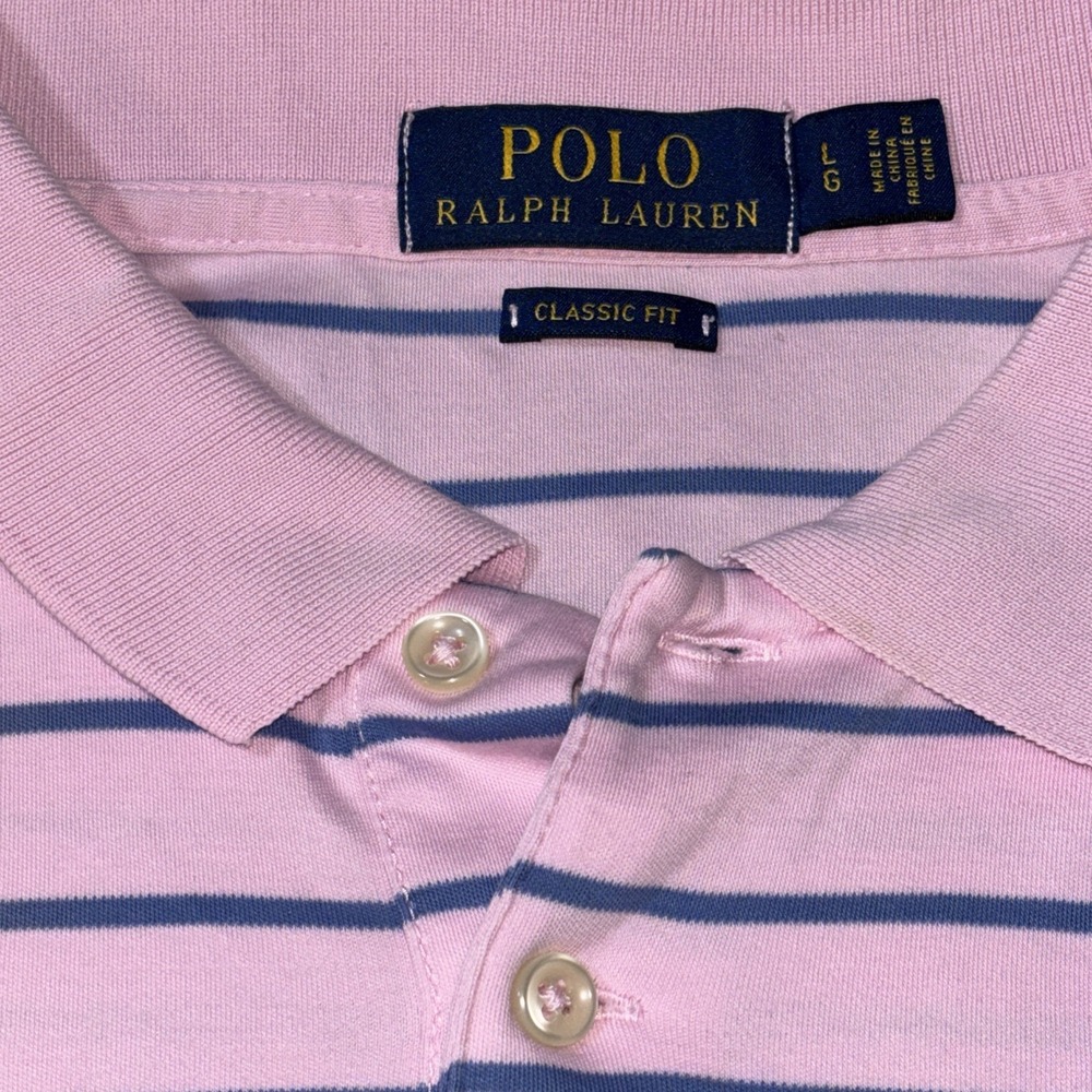 Polo Ralph Lauren Mens Large Classic Fit Pink Navy Blue Striped Polo Shirt LG - Picture 2 of 7